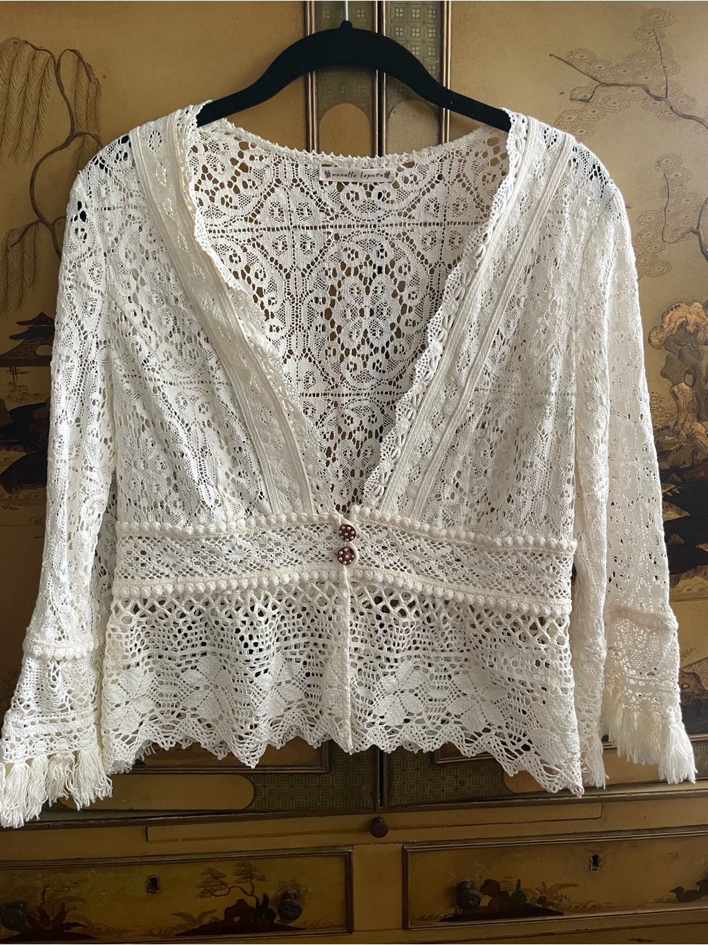 Nanette Lepore Vtg Ivory Crochet Lace Fringe Bell Sleeve Boho Jacket Top Rare!